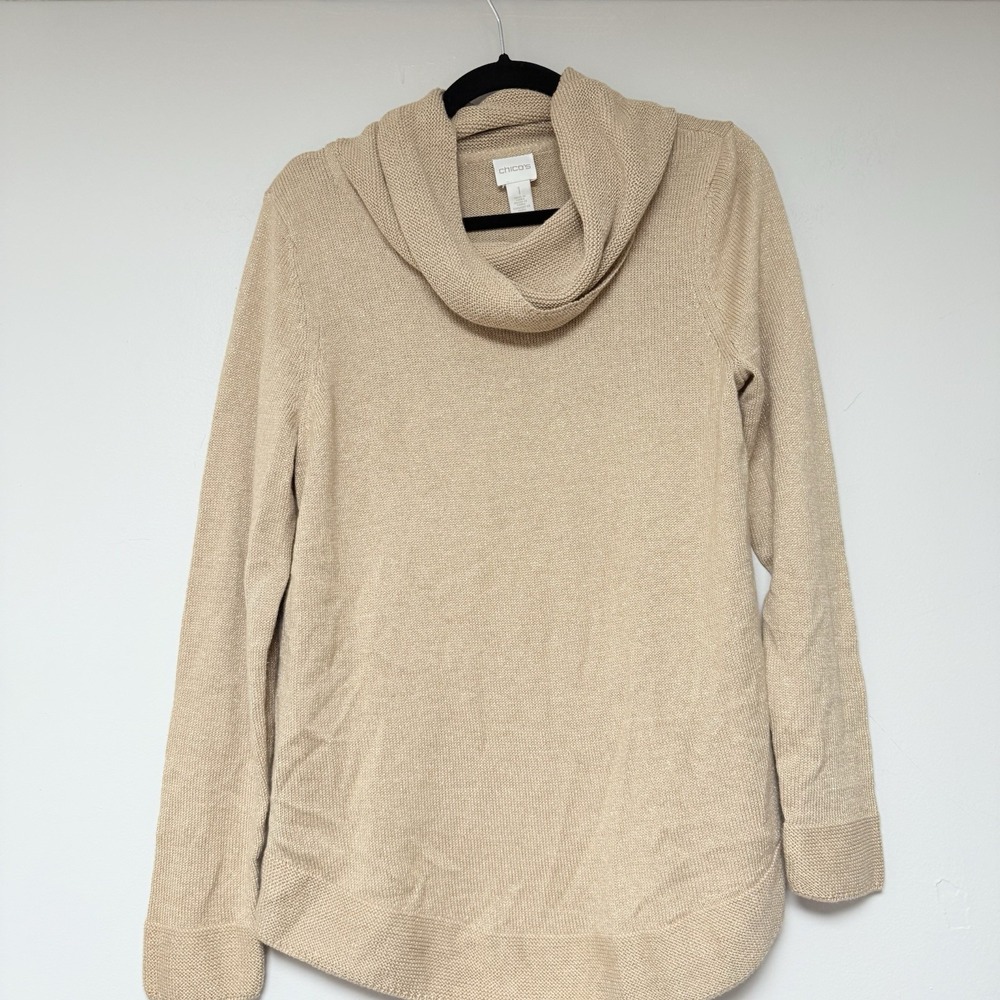 CHICO'S Women's Sz 1 (Fits like M) Tan Metallic Gold Cowl‎ Neck Pullover Sweater